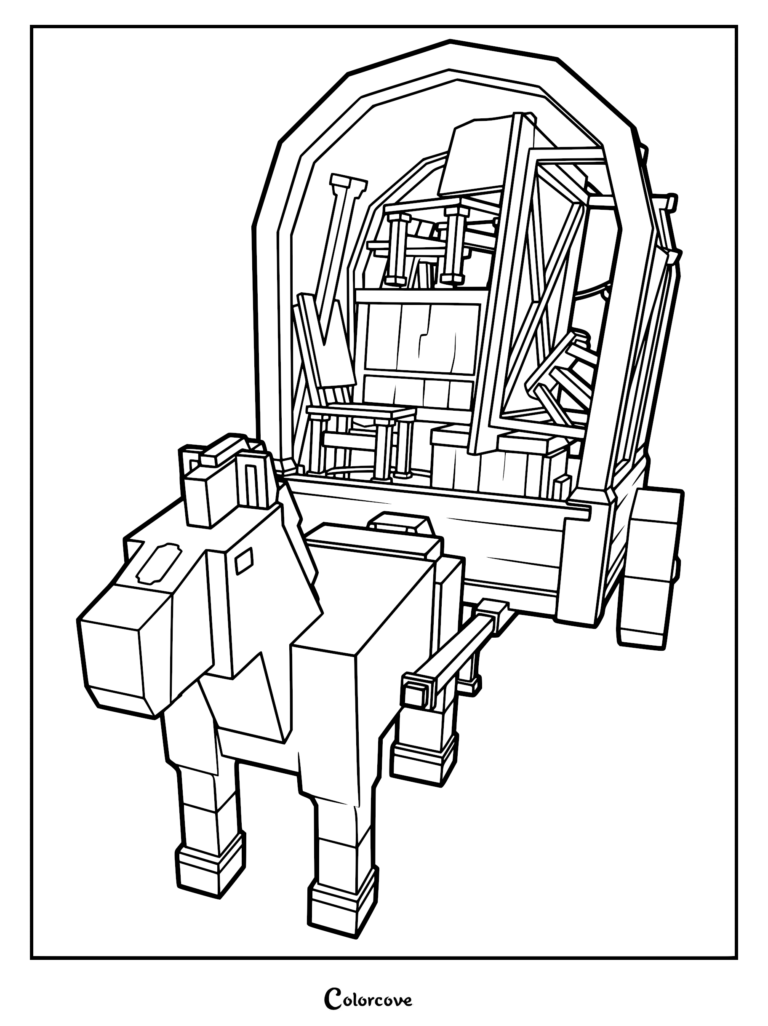 A blocky, pixel-style Horse pulling a large purple wagon filled with furniture, designed as a printable coloring page.