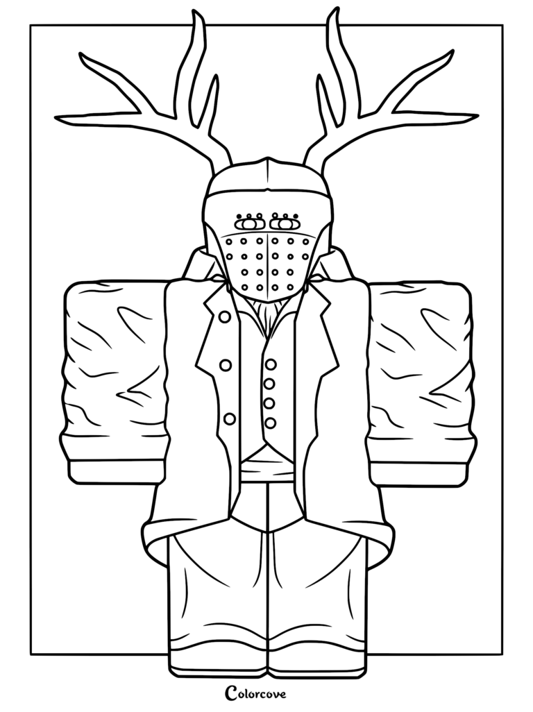 A printable coloring page featuring the Juggernaut cultist from 99 Nights in the Forest, wearing a red metal helmet and jacket with large antlers.