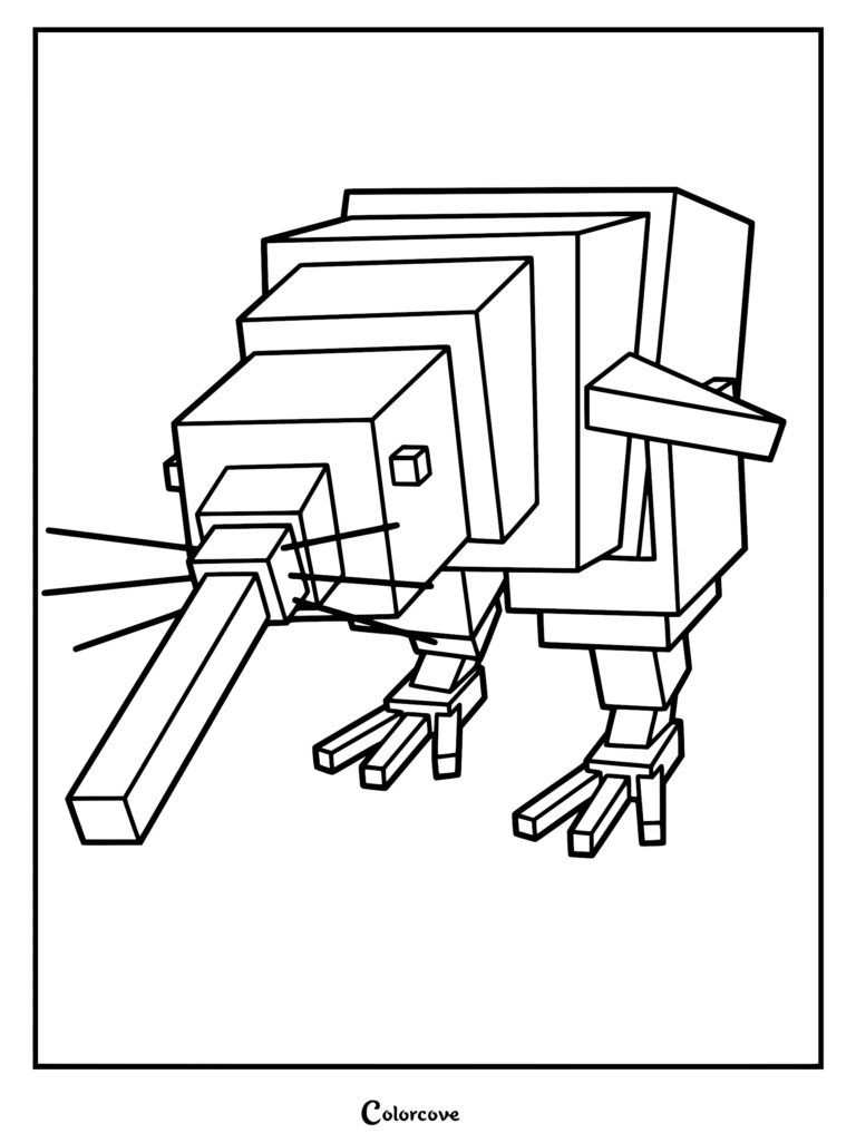 A blocky, pixel-art style Kiwi character from 99 Nights in the Forest in a printable coloring page format.
