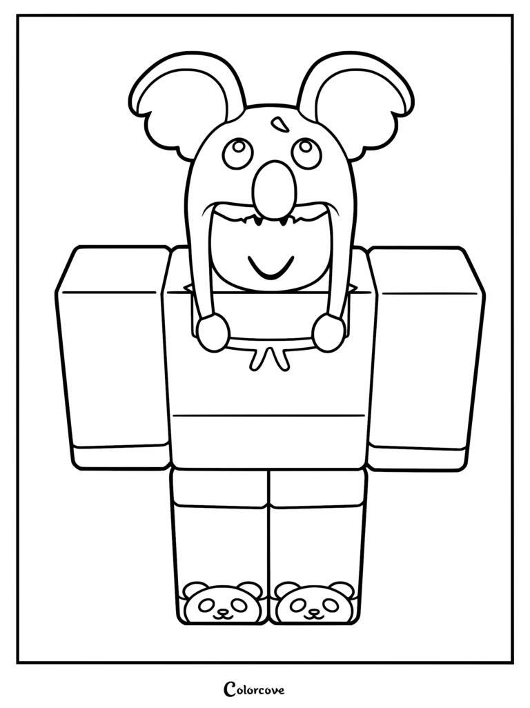 A printable coloring page featuring Koala Kid from 99 Nights in the Forest, wearing a koala hat and slippers.