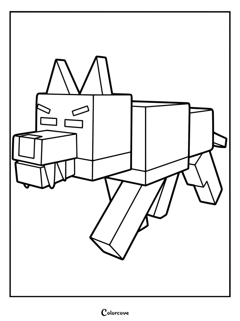 A printable coloring page featuring the blocky, aggressive Alpha Wolf from 99 Nights in the Forest with sharp teeth and pointed ears.