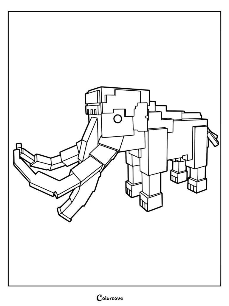 A blocky, pixel-art style Mammoth from 99 Nights in the Forest standing in a side profile view, ready to be filled in on this printable coloring page.