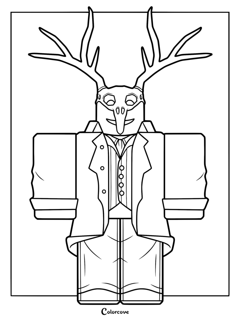 A printable coloring page featuring the Deer from 99 Nights in the Forest, showing its iconic antlered mask and formal suit.