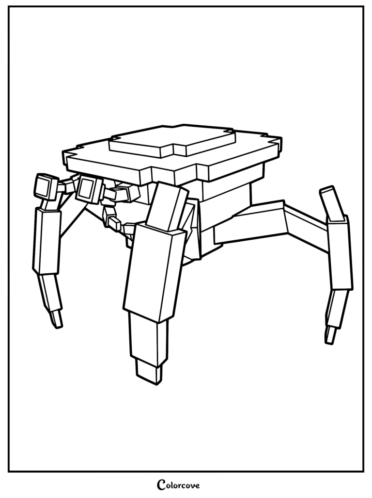 A detailed line art coloring page of the Meteor Crab from 99 Nights in the Forest, featuring its blocky, mechanical body and multi-jointed legs.