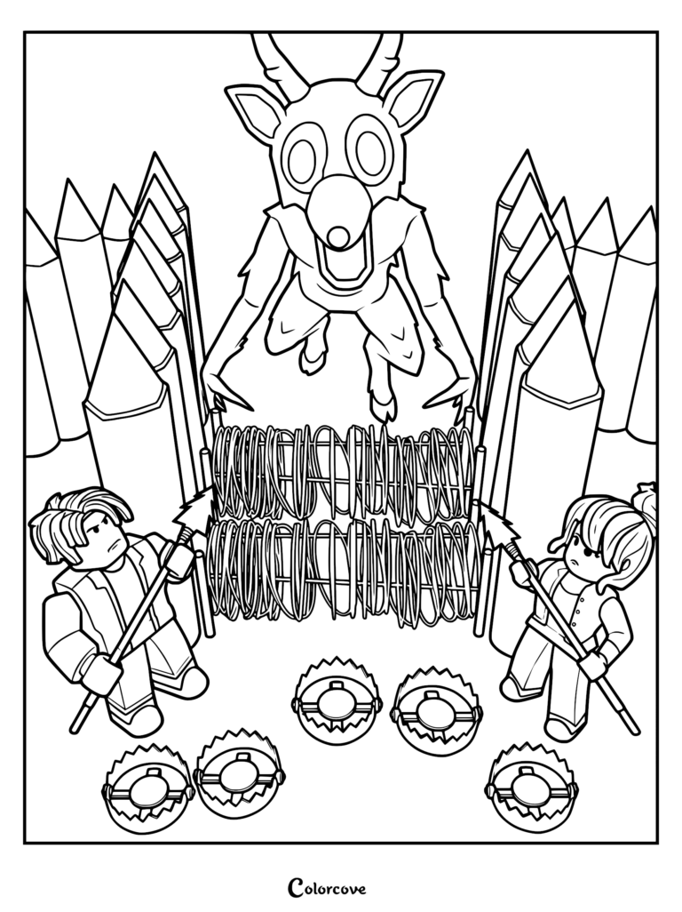 Two players holding spears prepare to defend their camp against the Deer in this 99 Nights in the Forest coloring page, featuring a barbed wire barricade and steel traps.