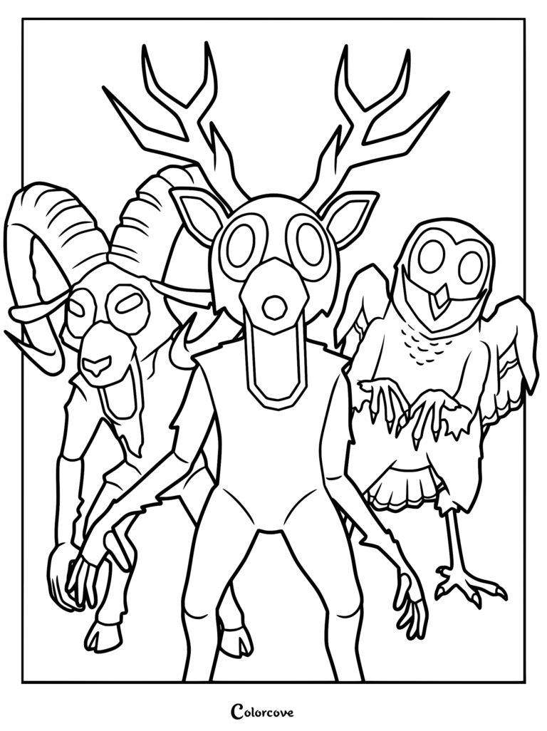 The Ram, Deer, and Owl stand together in the forest.