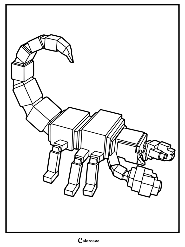 A blocky, pixel-art style Scorpion from 99 Nights in the Forest, featuring a segmented tail and large pincers, presented as a printable coloring page.