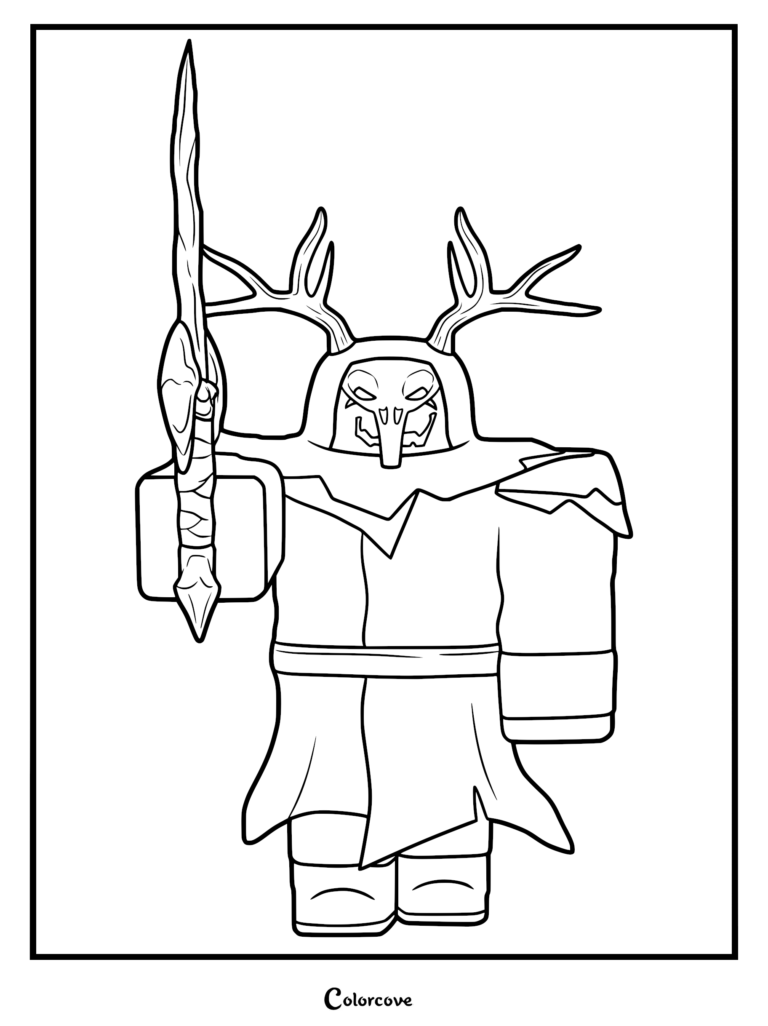 A printable coloring page featuring the Shadow Cultist from 99 Nights in the Forest, wearing a hooded robe and holding a ridged knife.