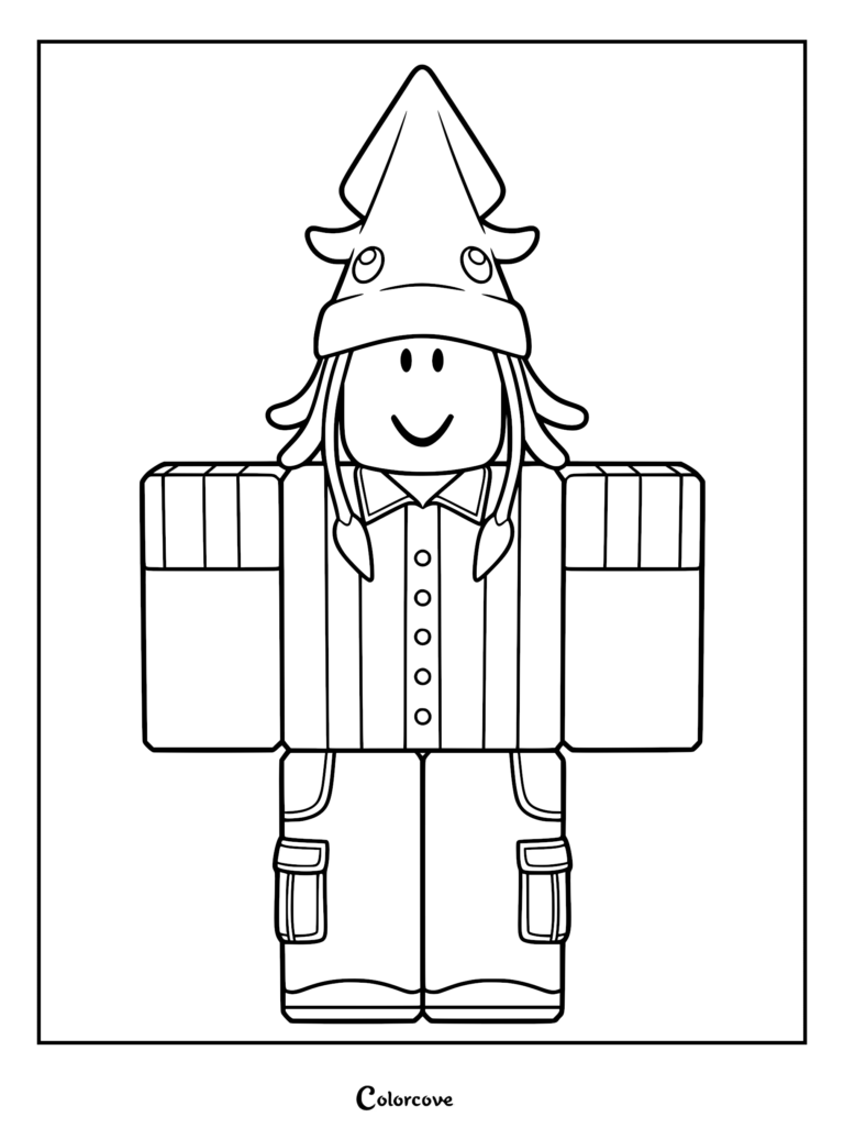 A line art coloring page of Squid Kid from 99 Nights in the Forest, featuring the character wearing a yellow squid hat and a striped shirt.