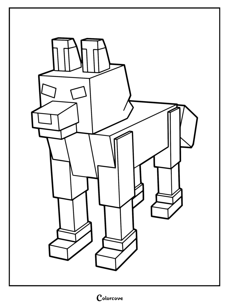 A printable coloring page featuring the blocky, geometric Arctic Fox from 99 Nights in the Forest standing in a simple pose.
