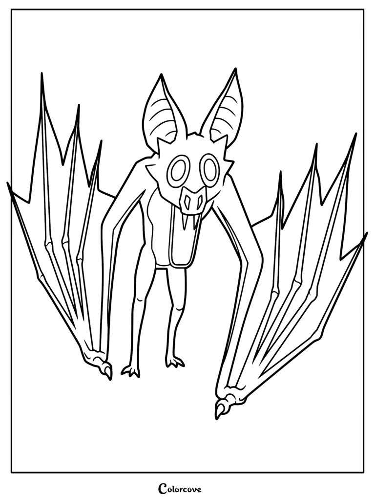 A printable coloring page featuring The Bat from 99 Nights in the Forest with large ears and wide wings spread out.