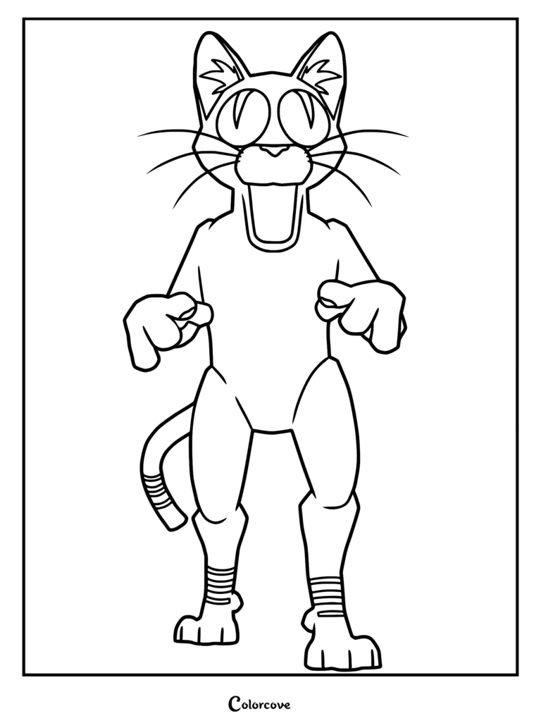 A printable coloring page featuring the tall, humanoid Cat monster from 99 Nights in the Forest standing in a menacing pose.