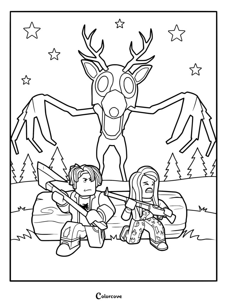 A printable coloring page featuring the Deer monster looming over two players hiding behind a log in the forest at night.