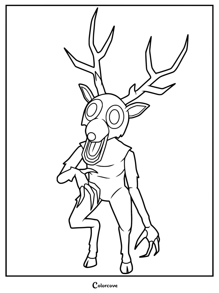 A printable coloring page featuring The Deer, the main antagonist from 99 Nights in the Forest, shown with its signature antlers and sharp claws.