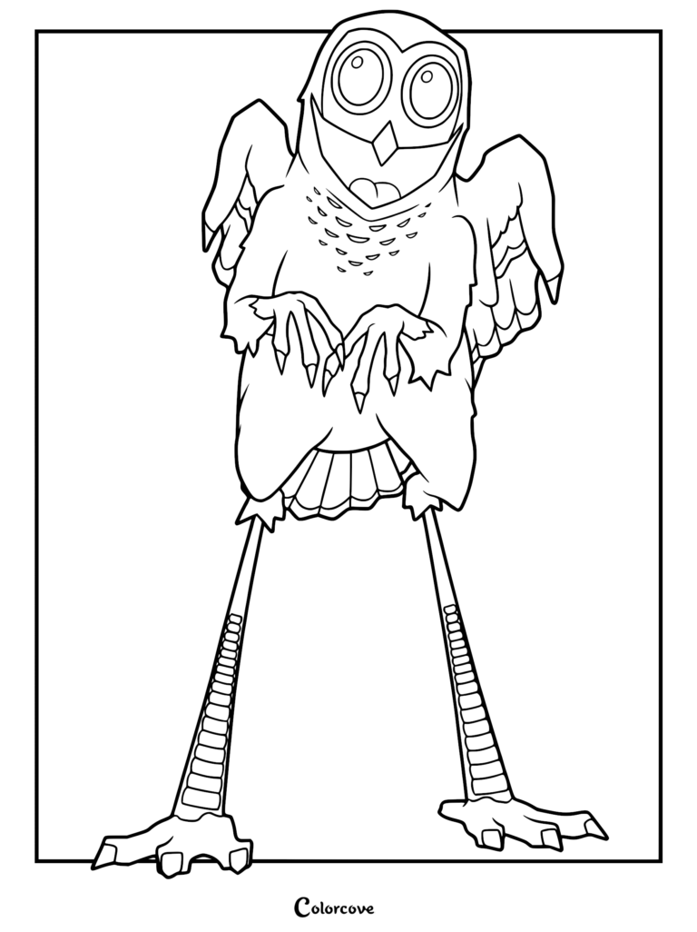 A printable coloring page featuring The Owl from 99 Nights in the Forest with its signature long, spindly legs and wide, staring eyes.