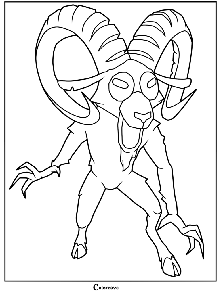 A printable coloring page featuring The Ram from 99 Nights in the Forest with large curved horns and sharp claws.