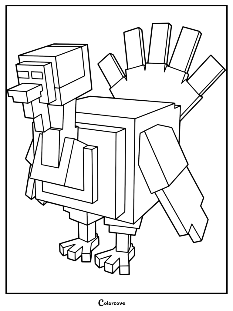 A blocky, voxel-style Turkey from 99 Nights in the Forest standing in a simple pose, presented as a clean line art coloring page.