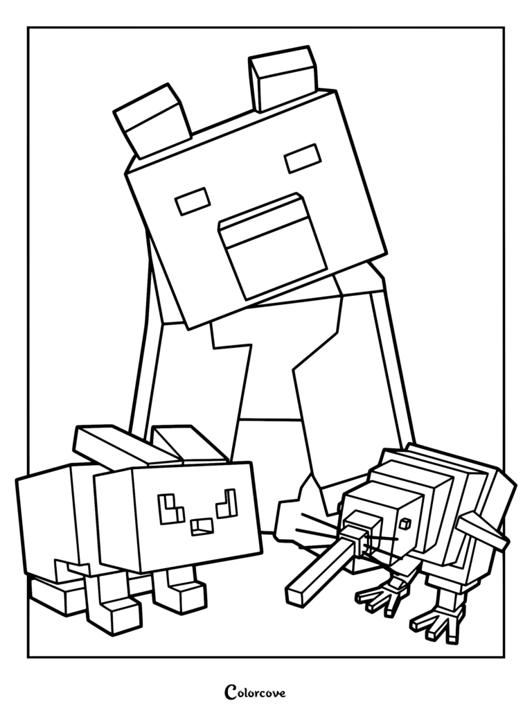 A printable coloring page featuring the blocky Bear, Rabbit, and Kiwi characters from 99 Nights in the Forest standing together.