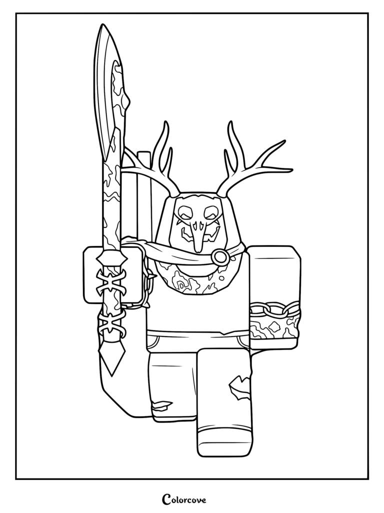 A line art coloring page of a Brutal Cultist from 99 Nights in the Forest, wearing a hooded cloak and wielding a large battle axe.