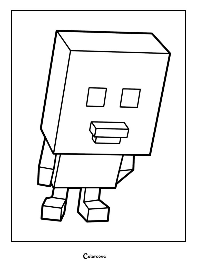 A simple line art coloring page of the blocky, cubic Chick character from 99 Nights in the Forest standing in a neutral pose.
