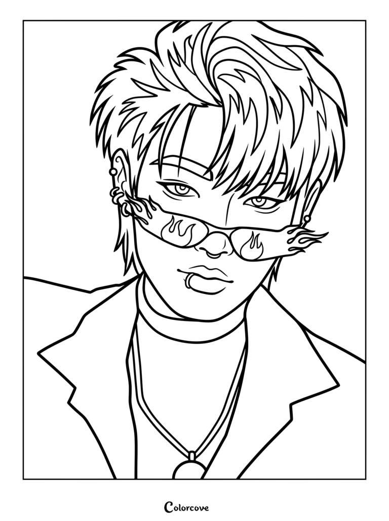Dibujo para colorear de Mingi de ATEEZ con unas estilosas gafas de sol con diseño de llamas, múltiples piercings en las orejas y un collar con colgante.