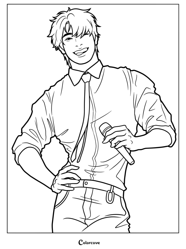 Dibujo para colorear de fan art digital de Song Mingi de ATEEZ sonriendo y posando con un micrófono.