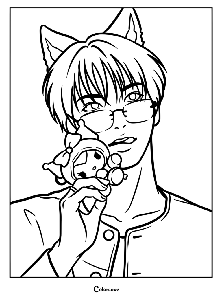 Dibujo para imprimir y colorear de ATEEZ de Park Seonghwa con orejas de gato y sosteniendo un peluche de Kuromi.