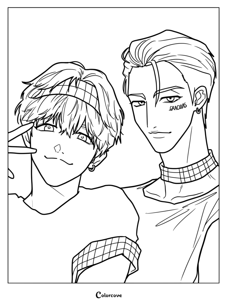 Dibujo para imprimir y colorear de ATEEZ con Hongjoong y Seonghwa en ropa casual con detalles estampados a juego, cinta para el pelo y gargantilla.