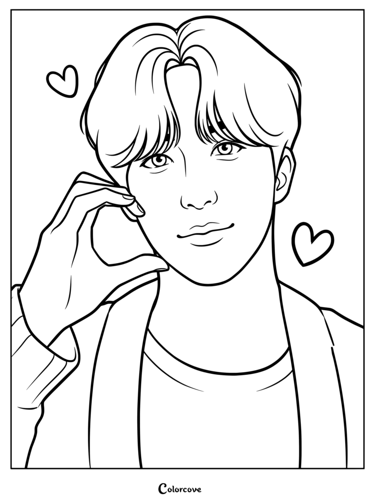 Dibujo para colorear de fan art digital que muestra a Yunho de ATEEZ haciendo el gesto del corazón con los dedos con corazones flotantes.