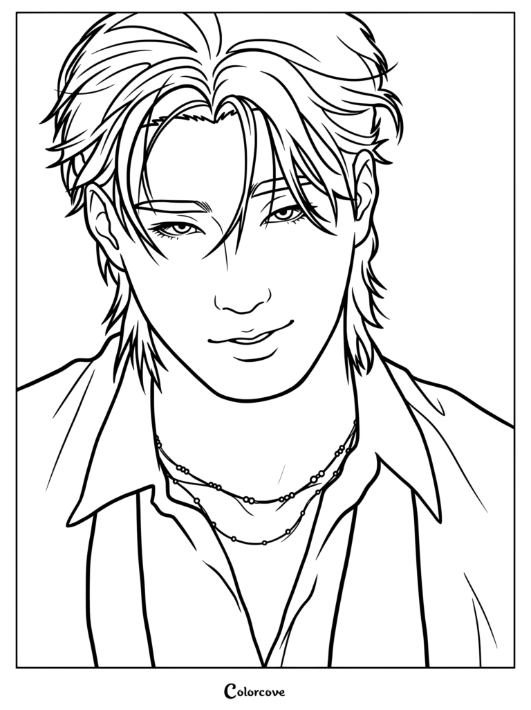 Dibujo para colorear de fan art digital de Choi San del grupo de K-pop ATEEZ, con pelo a capas y collares.