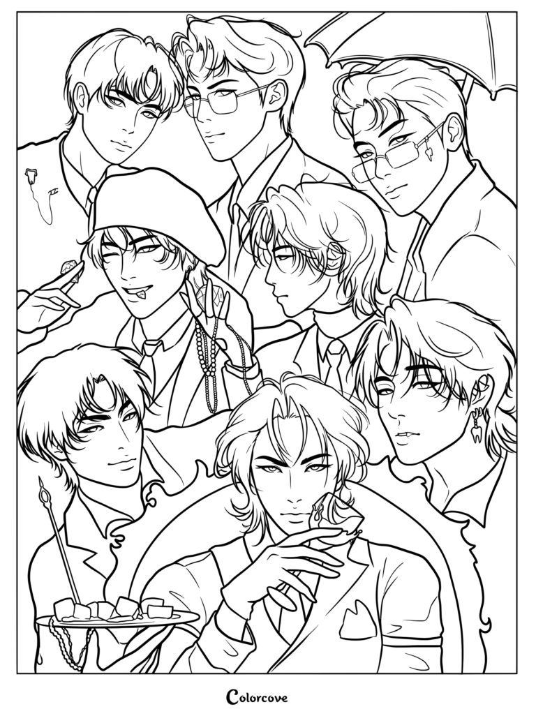 Dibujo de ATEEZ para colorear con los ocho integrantes vestidos con elegantes trajes oscuros de estética vampírica o de la realeza, centrados alrededor de un miembro de pelo blanco sentado.