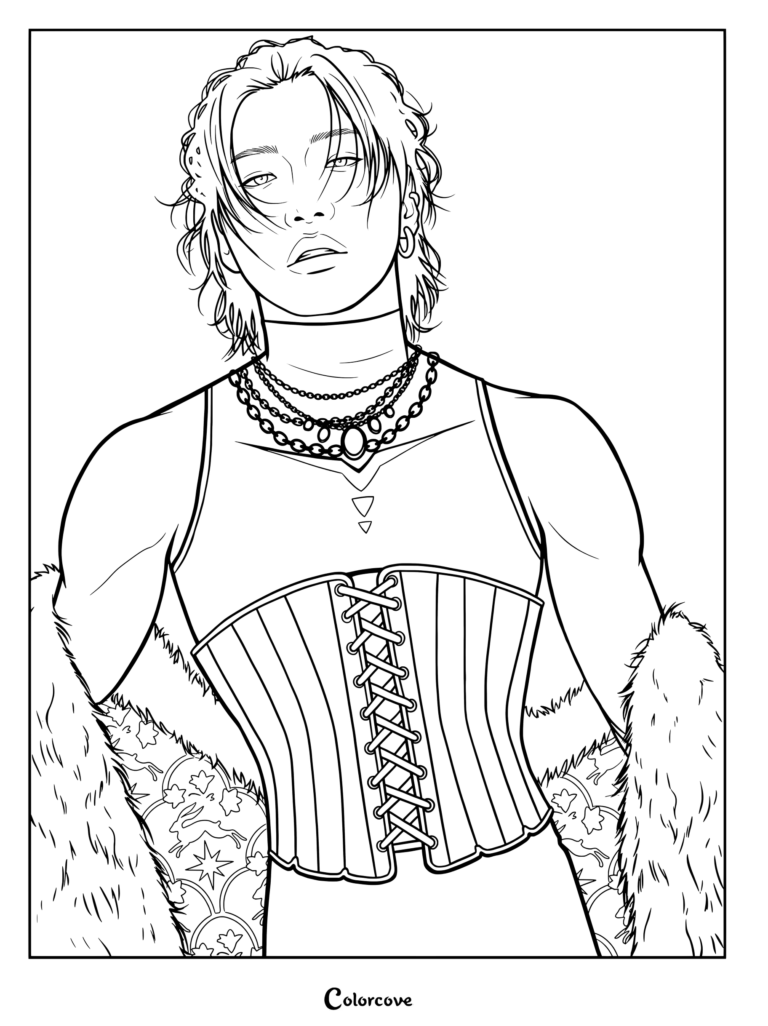 Detallado dibujo para colorear de Seonghwa de ATEEZ luciendo un corsé con cordones, collares superpuestos y una estola de pelo.