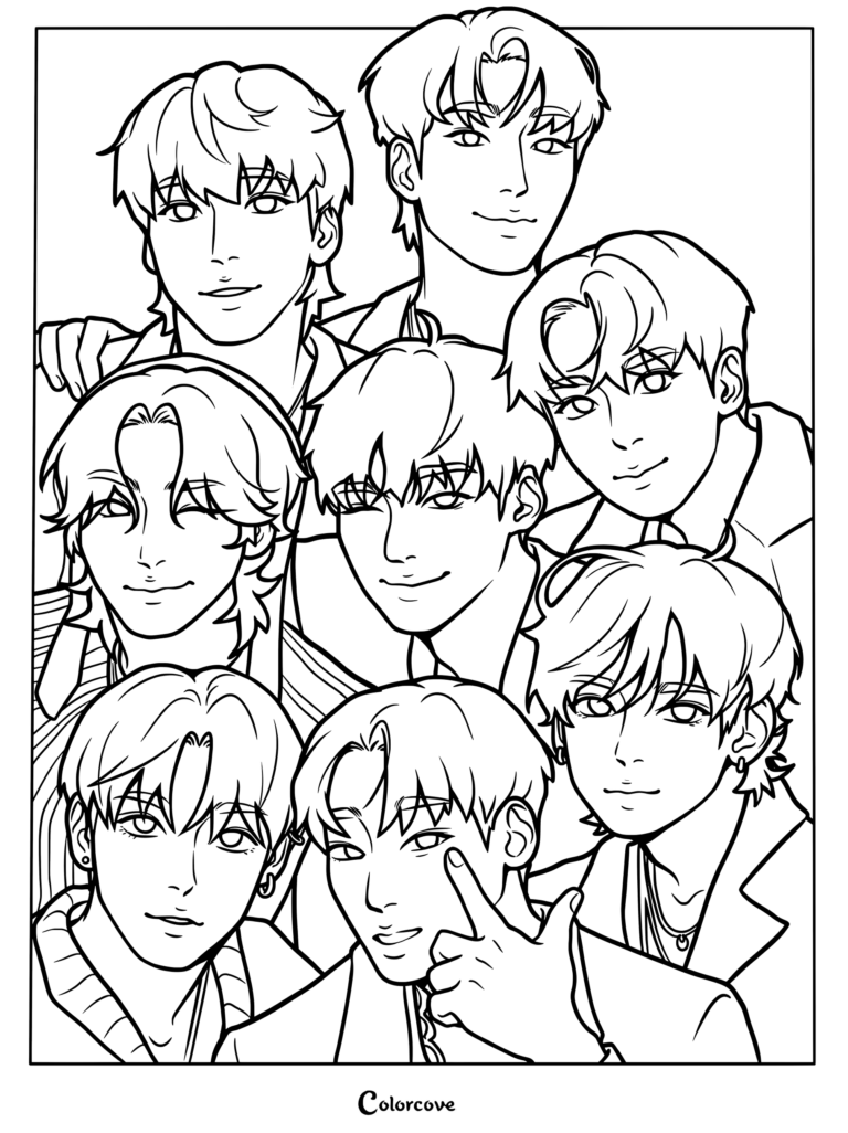 Un detallado dibujo para colorear del grupo de K-pop ATEEZ, con fan art digital estilo anime de los miembros.