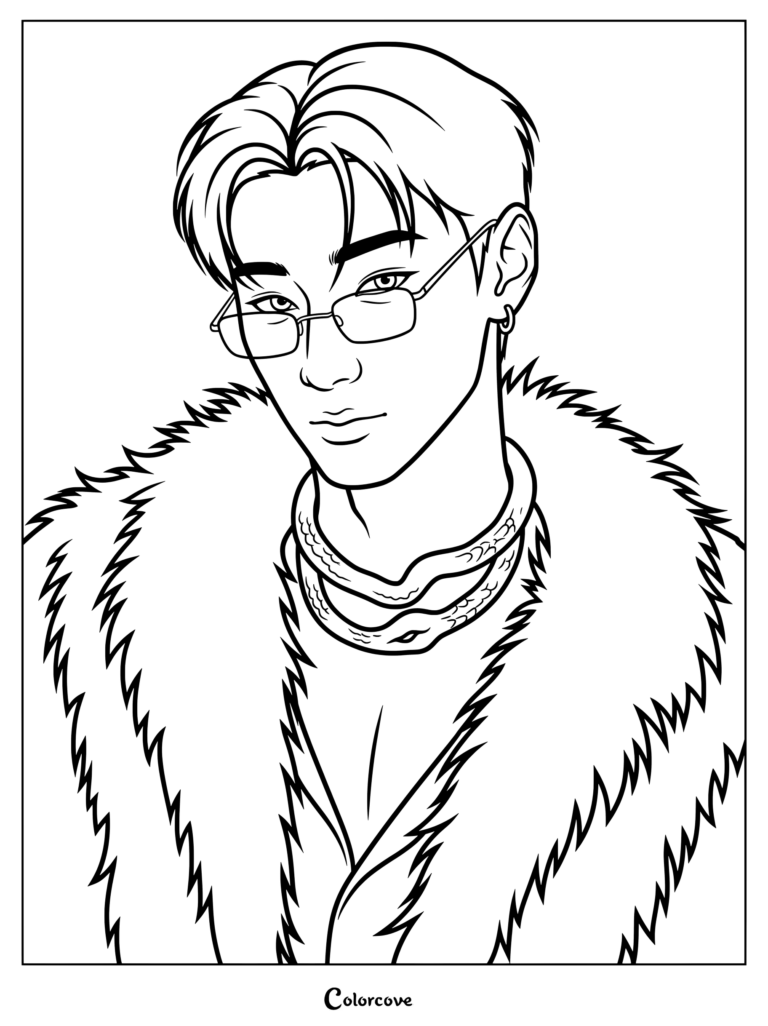 Dibujo para colorear de Choi San, miembro de ATEEZ, luciendo gafas, un collar con forma de serpiente y un abrigo de pelo.