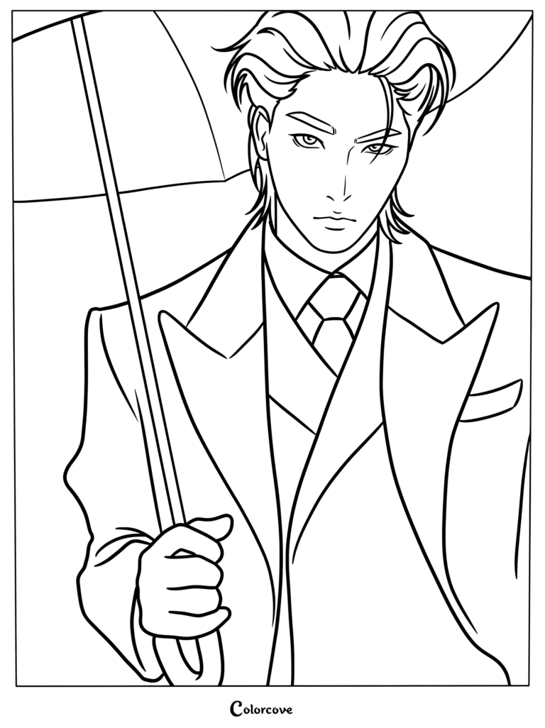 Un dibujo para imprimir y colorear de ATEEZ con un fan art digital en blanco y negro de Park Seonghwa sosteniendo un paraguas con traje a medida y guantes.
