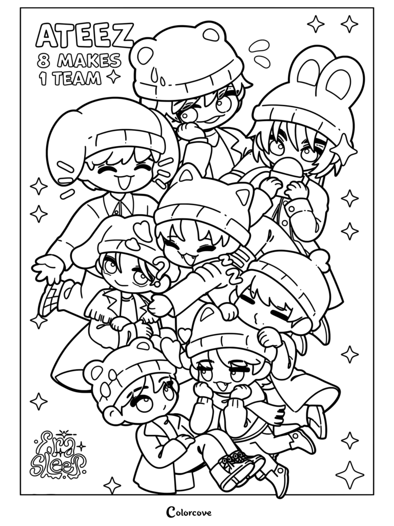 Dibujo para imprimir y colorear de ATEEZ 8 MAKES 1 TEAM con los ocho integrantes en un adorable grupo estilo chibi llevando gorritos de animales.