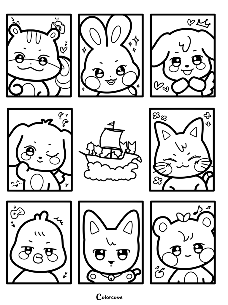 Un dibujo para colorear que muestra la línea oficial de personajes animales ANITEEZ, presentada por el grupo de K-pop ATEEZ el 29 de enero de 2024.