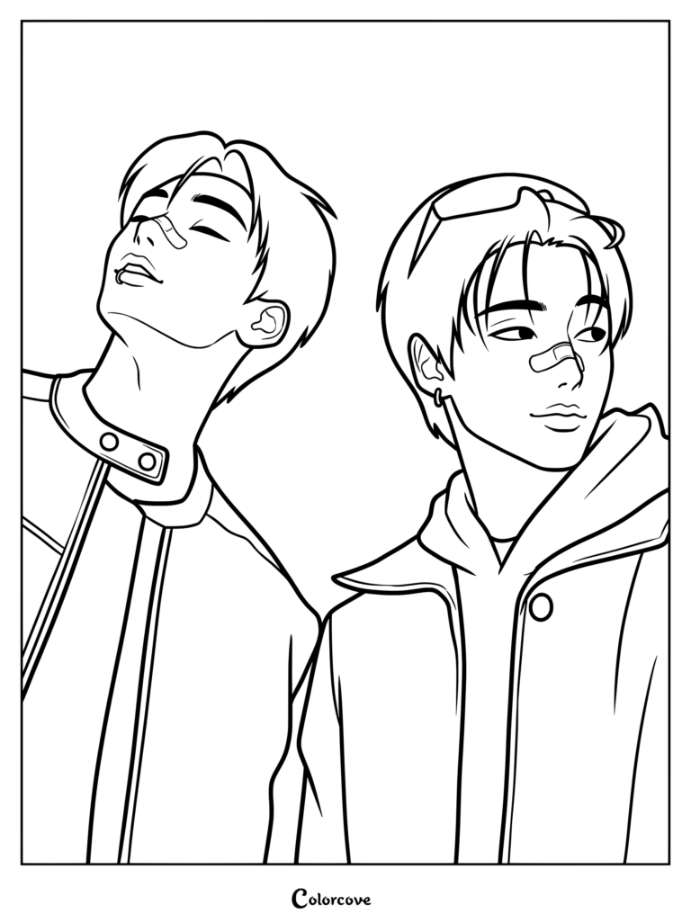 Dibujo para imprimir y colorear de ATEEZ con Wooyoung y San llevando tiritas en la nariz.