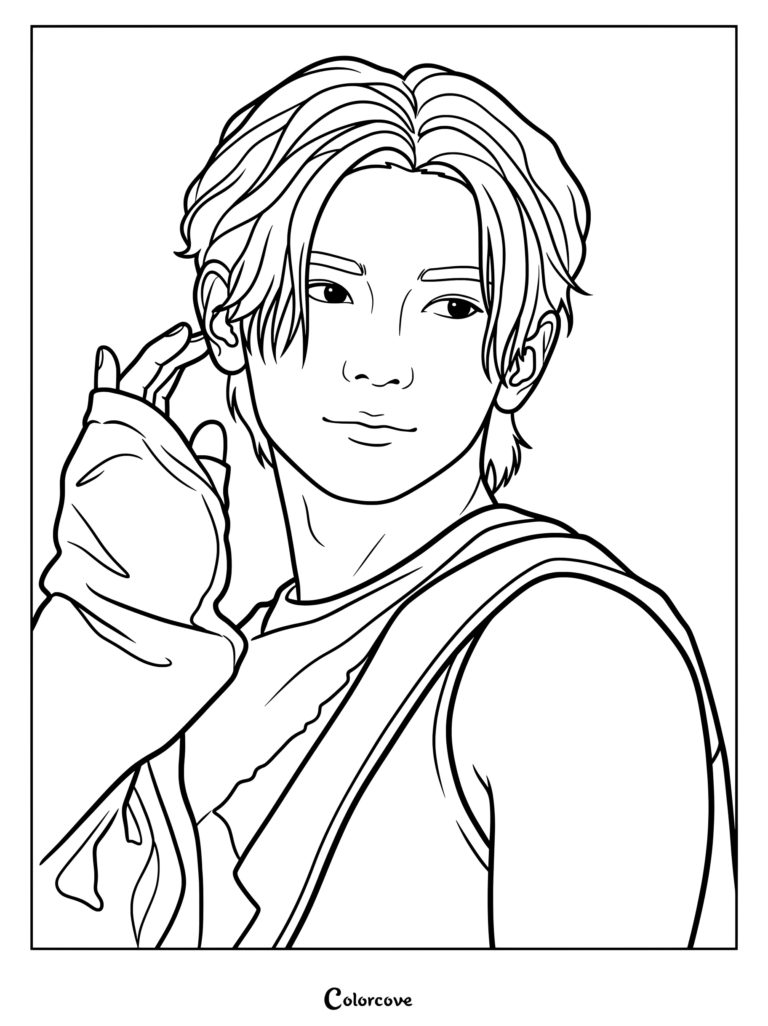 Dibujo para colorear gratuito de Yeosang 2 de ATEEZ con el miembro tocándose la oreja con expresión dulce.