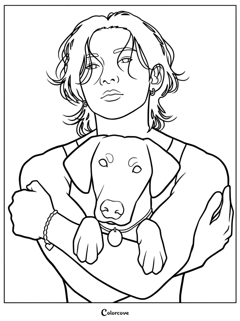 Dibujo para imprimir y colorear de ATEEZ con Yeosang abrazando cariñosamente a un adorable cachorro con placa en el collar.