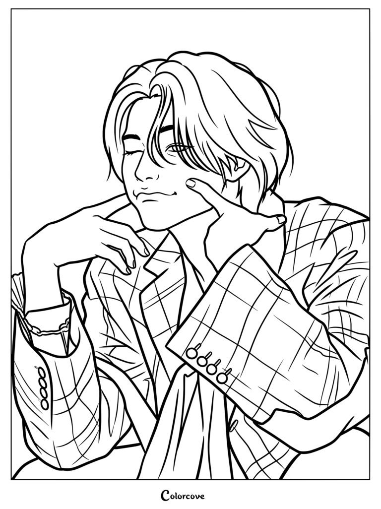 Dibujo para imprimir y colorear de ATEEZ con Wooyoung guiñando un ojo y tocándose la mejilla, vestido con un traje de cuadros con detalles de botones.