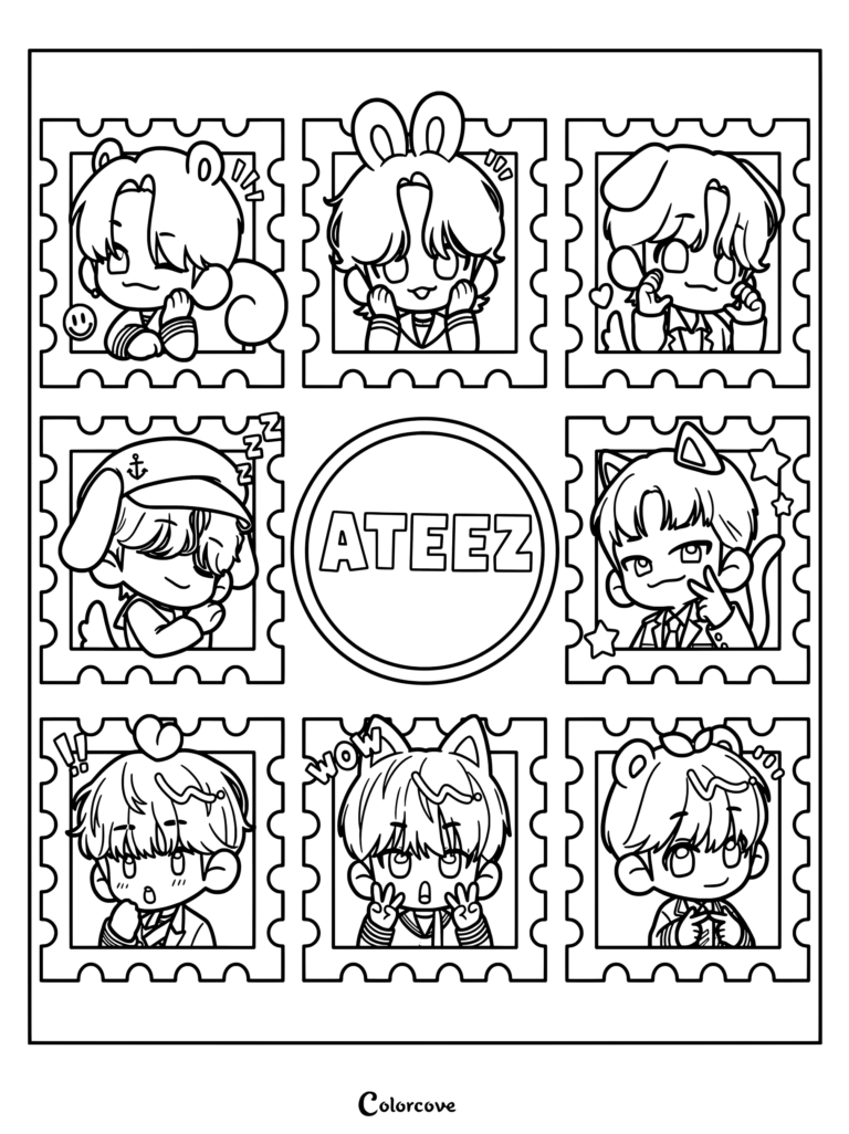 Ilustración estilo chibi y sello para colorear del grupo de K-pop ATEEZ con los integrantes en versión animada.