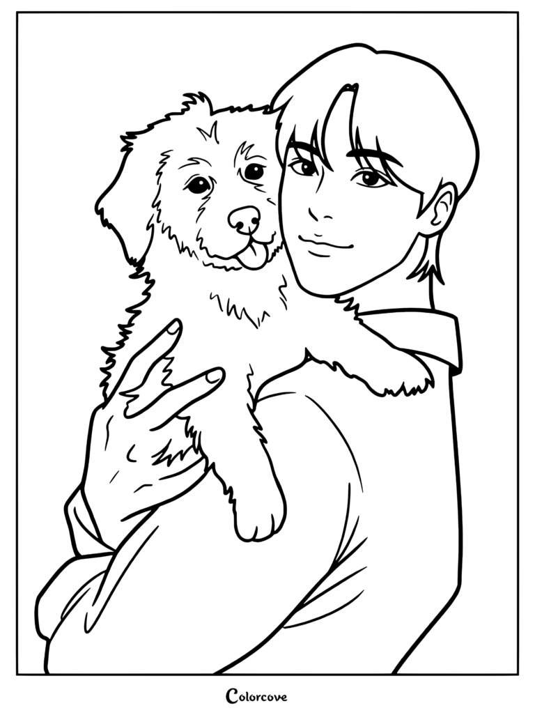 Dibujo para imprimir y colorear de Jeong Yunho, miembro de ATEEZ, sosteniendo un cachorro esponjoso.