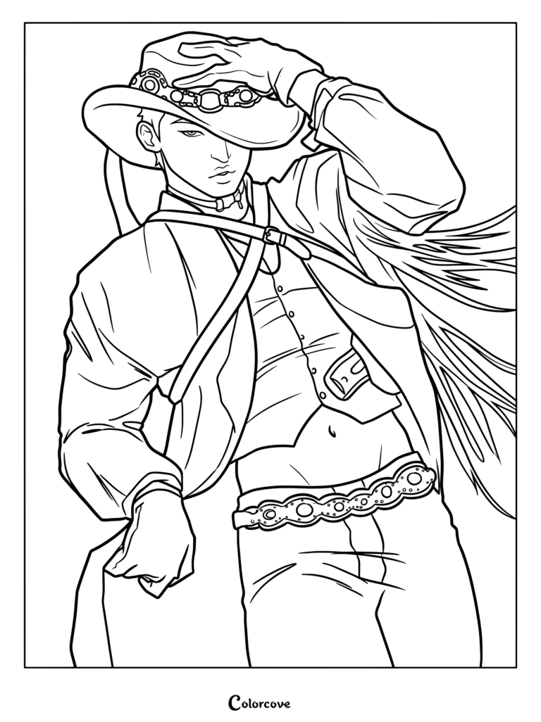 Dibujo para colorear de Mingi de ATEEZ con el idol luciendo un elegante sombrero de vaquero, chaleco y cinturón.