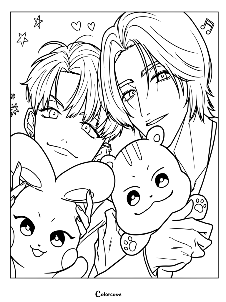 Dibujo para imprimir y colorear de ATEEZ con Seonghwa y Hongjoong (la subunidad MATZ) sosteniendo peluches de sus personajes.