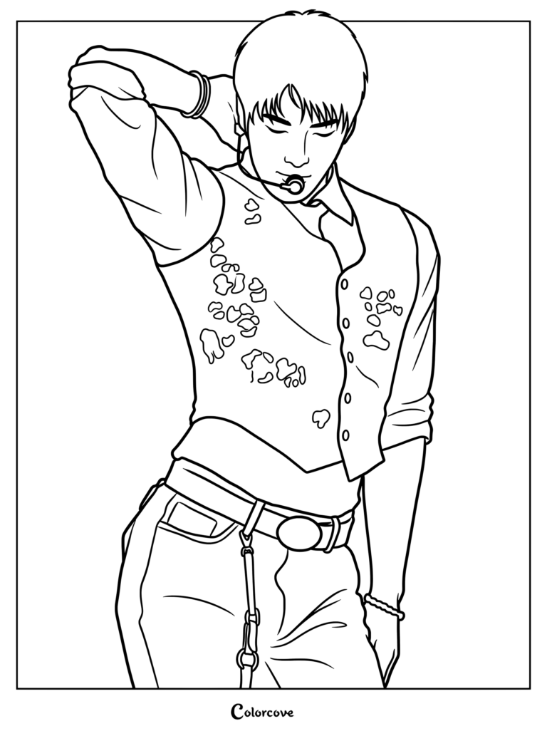 Dibujo para imprimir y colorear de ATEEZ de Song Mingi con chaleco estampado y cinturón, posando en el escenario con micrófono de diadema.