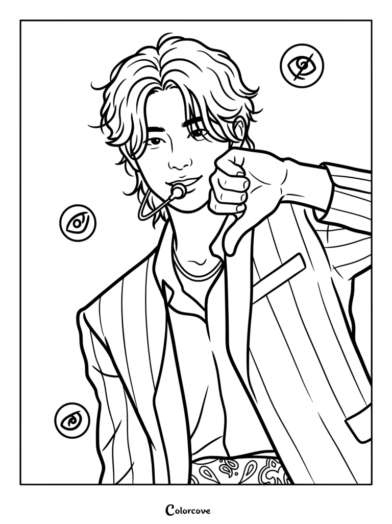 Dibujo para colorear de fan art digital de Wooyoung de ATEEZ posando con un traje a rayas y símbolos de ojos flotantes.