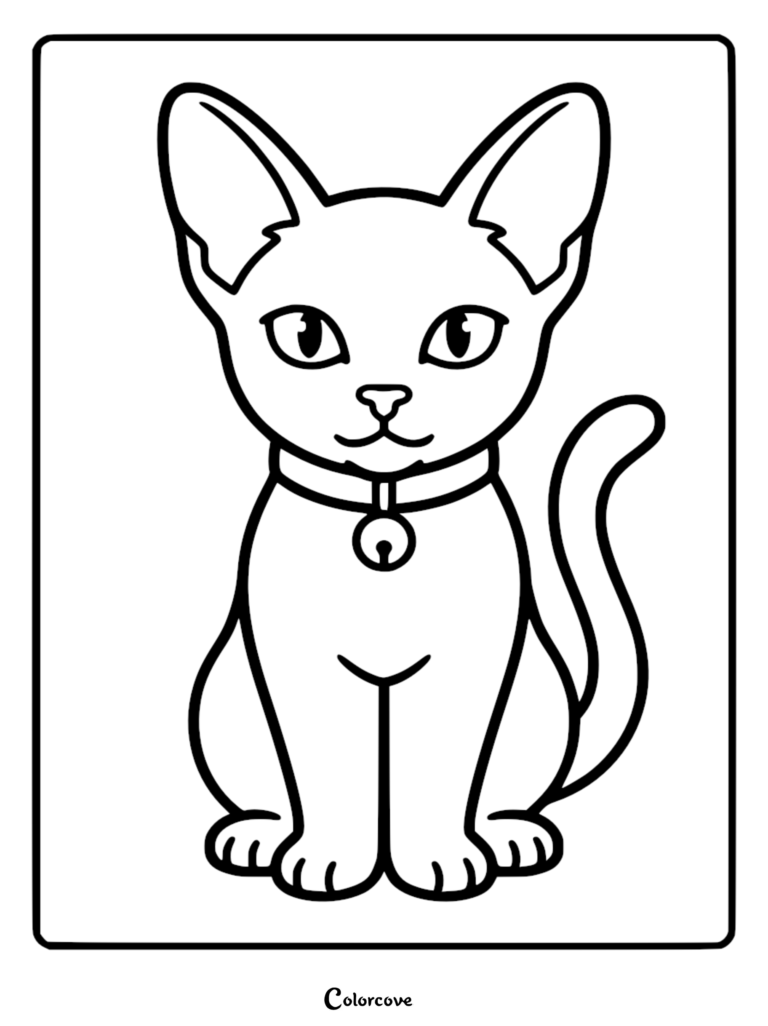 Una página para colorear simple en blanco y negro que muestra a un gato abisinio sentado con grandes orejas puntiagudas y un collar con una pequeña campana.