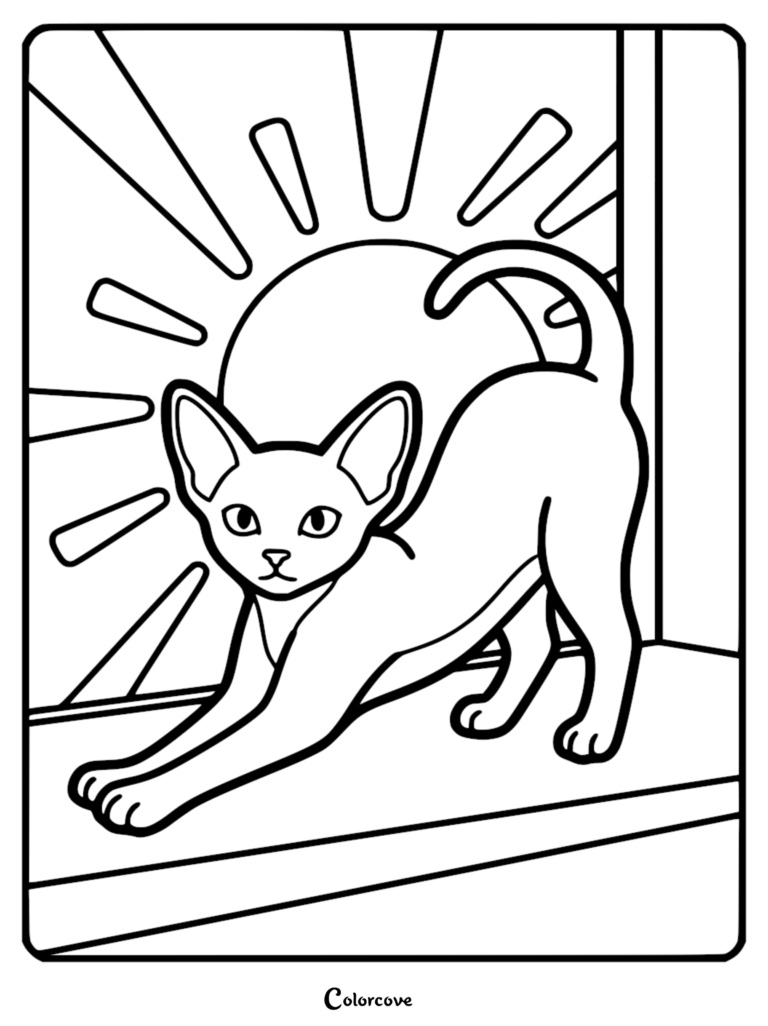 Gato abisinio con orejas grandes estirándose en el alféizar de una ventana frente a un fondo de rayos de sol en esta página para colorear imprimible.