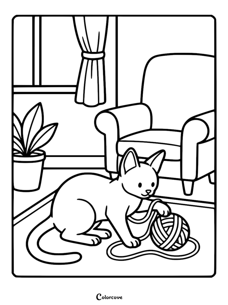 Un gato abisinio sentado en una alfombra en una sala de estar jugando con un ovillo de lana, página para colorear imprimible.
